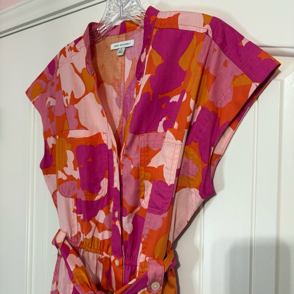 Floral Women Belted Midi Shirt Dress Cap Sleeves Sz S Orange Pink - Picture 5 of 14